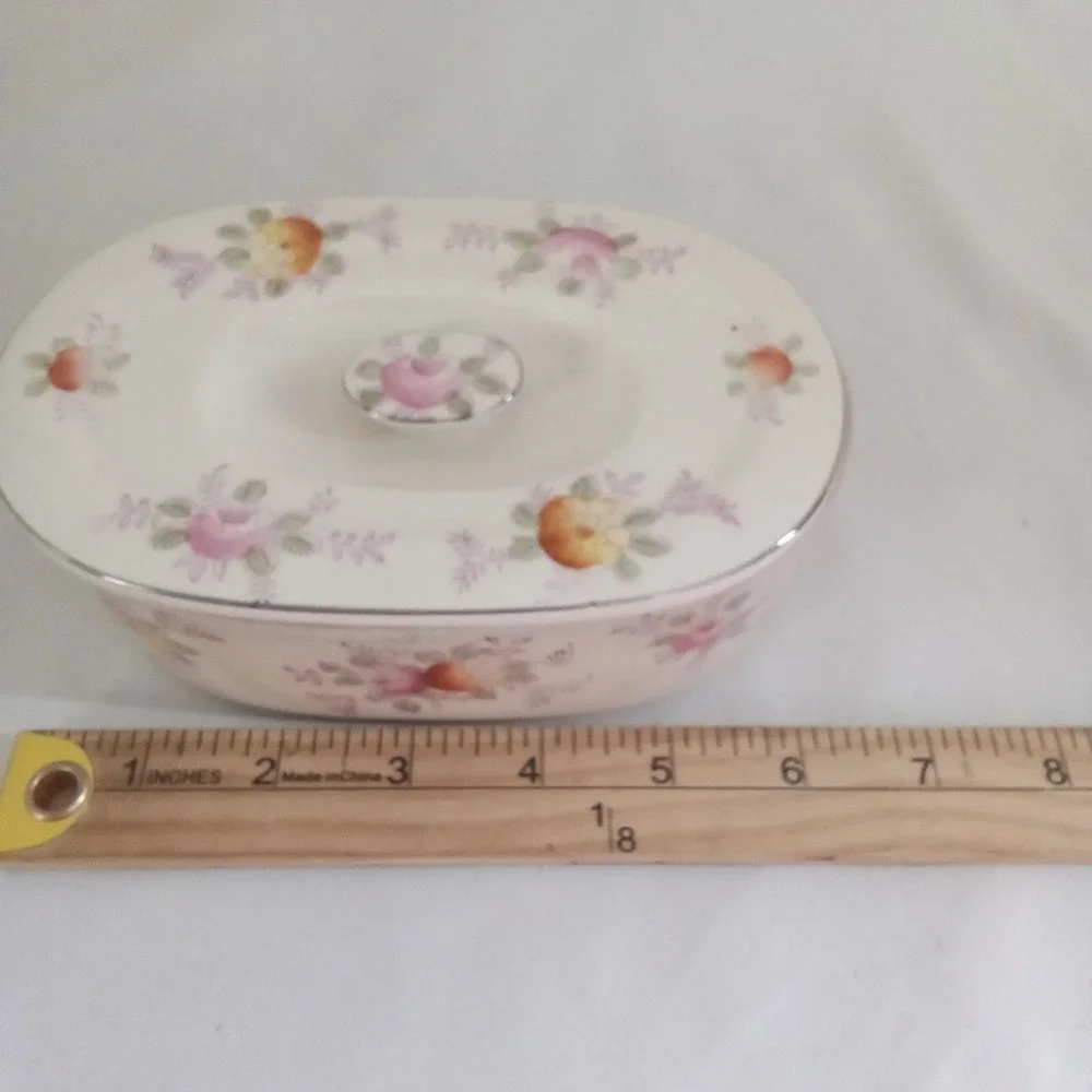 Vintage Floral Ceramic Trinket Box Oval Lidded Jewelry Case Pink Rose Silver Rim